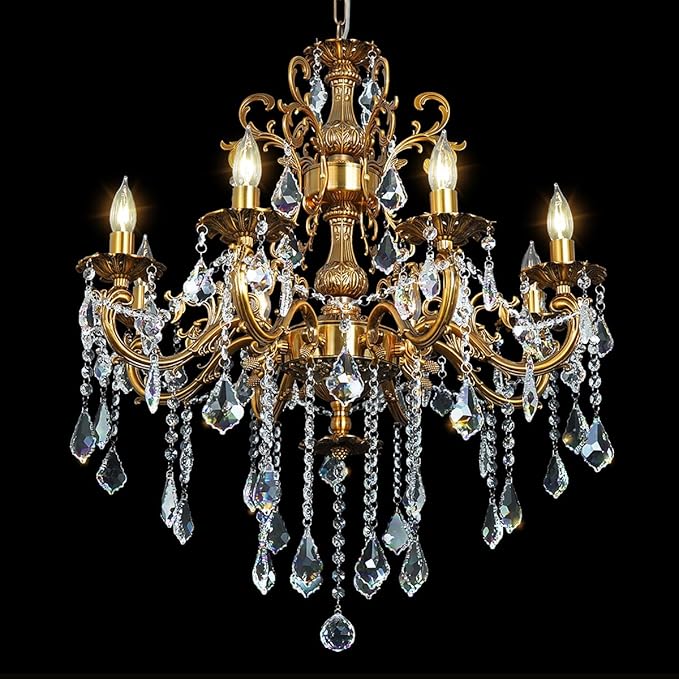 Antique Gold Crystal Chandelier Lighting 8-Light Contemporary Chandeliers Classic Crystal Candle Island Lighting Dining Room Foyer Entrance Light Fixture 27"