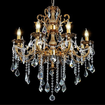 Antique Gold Crystal Chandelier Lighting 8-Light Contemporary Chandeliers Classic Crystal Candle Island Lighting Dining Room Foyer Entrance Light Fixture 27"