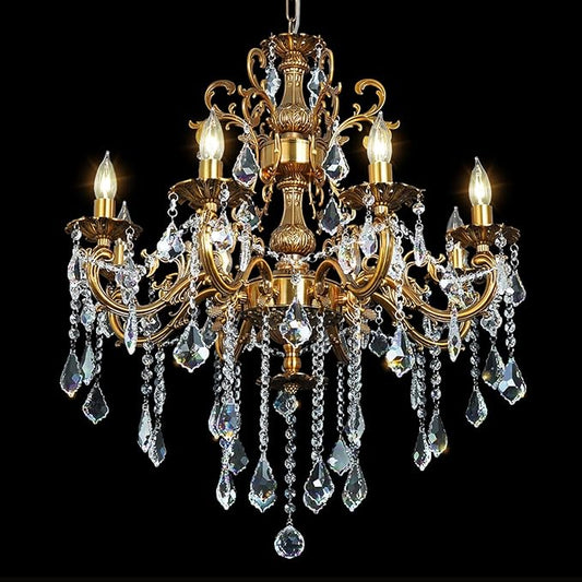 Antique Gold Crystal Chandelier Lighting 8-Light Contemporary Chandeliers Classic Crystal Candle Island Lighting Dining Room Foyer Entrance Light Fixture 27"