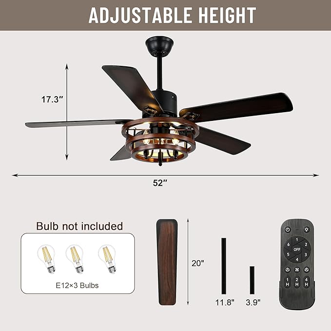 52" Ceiling Fan with Lights and Remote,Industrial Farmhouse Ceiling Fan with Adjustable Wood Grain Iron Cage,5 Reversible Dual-Color Blades,DC Quiet Motor,6 Speeds,Timer for Bedroom Living Room