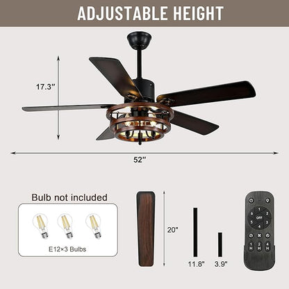 52" Ceiling Fan with Lights and Remote,Industrial Farmhouse Ceiling Fan with Adjustable Wood Grain Iron Cage,5 Reversible Dual-Color Blades,DC Quiet Motor,6 Speeds,Timer for Bedroom Living Room