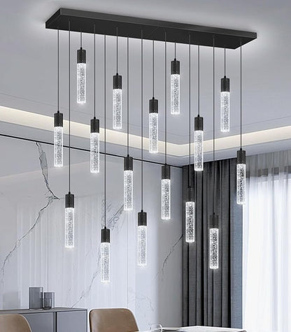 16-Lights Modern Crystal Rectangular Chandeliers LED Pendant Light for Kitchen Island High Ceiling Chandelier for Dining Room Entrance Foyer Living Room Black