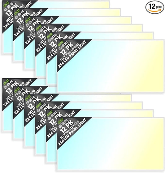 OKQ 2x4 LED Flat Panel Light Drop Ceiling Office Fixture, 5 CCT 3000K-6500K Adjustable & 5 Wattage Selectable,0-10V Dimmable, 2X4 LED Flush Mount Ceiling Light, ETL Listed 12Pack