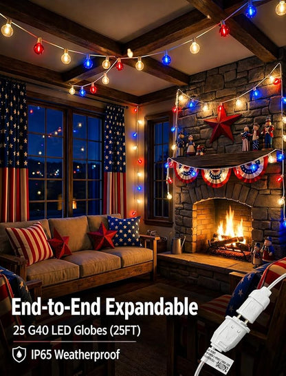 4th of July String Lights, 25FT Outdoor Patio Lights with 27 LED G40 Red White Blue Bulbs (2 Spare), Waterproof Connectable Lights for Patriotic Party Garden Decor