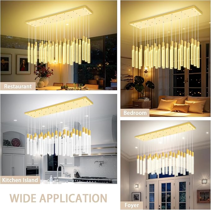 24-Light Rectangular Crystal Chandelier, Large Gold Bubble Crystal Column Pendant Light, Adjustable Height Hanging Chandeliers for Kitchen Island, Living Room, Foyer