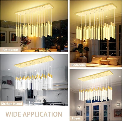 24-Light Rectangular Crystal Chandelier, Large Gold Bubble Crystal Column Pendant Light, Adjustable Height Hanging Chandeliers for Kitchen Island, Living Room, Foyer