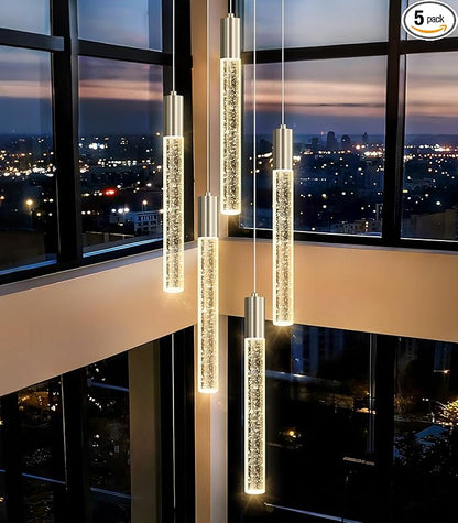 HAIXIANG 5-Lights Chandelier Modern Crystal Glam Light Remote Dimmable Pendant Lighting for Kitchen Island Dining Room Shiny Silver Light