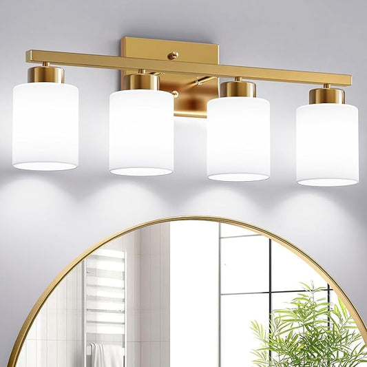 PARTPHONER 4-Light Brushed Gold Bathroom Light Fixtures, Modern Vanity Light Over Mirror Lighting, Wall Sconce with Frosted Milky White Glass Shades for Bedroom Living Room Kitchen Hallway