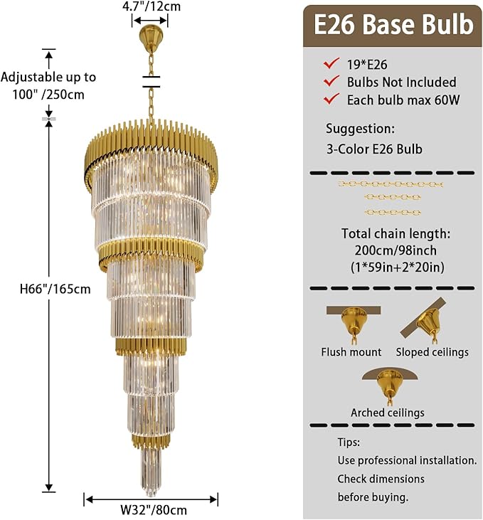 Luxury Gold Crystal Chandelier for High Ceiling, 32" 7-Tier Long Crystal Chandeliers, Adjustable Height Chandelier for Foyer, Villa, Staircase, Entryway