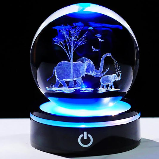YWHL 3D Elephant Figurine Crystal Ball with Colorful Light Base, Glass Elephant Gifts for Women Mom on Birthday Christmas, Laser Engraved Elephants Statue Sphere Decor for Home Office(80mm)