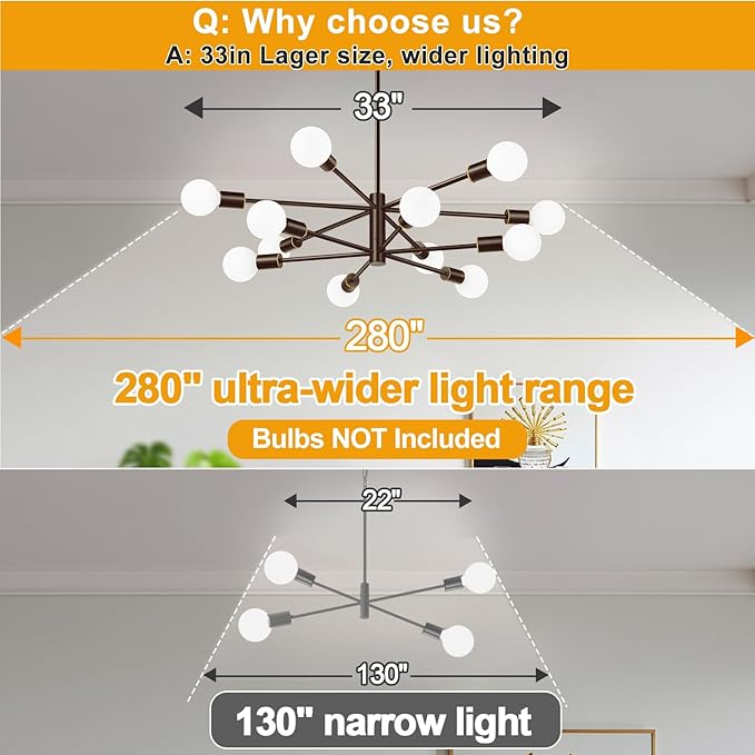 Sputnik Chandeliers Dining Room Light Fixture (12-Light, 33-Inch), Modern Brown and Gold Chandelier, Height Adjustable Mid Century Modern Chandeliers for Dining Room Kitchen (Bulbs Not Included)