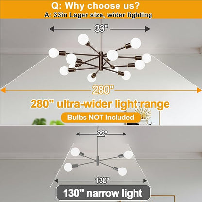 Sputnik Chandeliers Dining Room Light Fixture (12-Light, 33-Inch), Modern Brown and Gold Chandelier, Height Adjustable Mid Century Modern Chandeliers for Dining Room Kitchen (Bulbs Not Included)