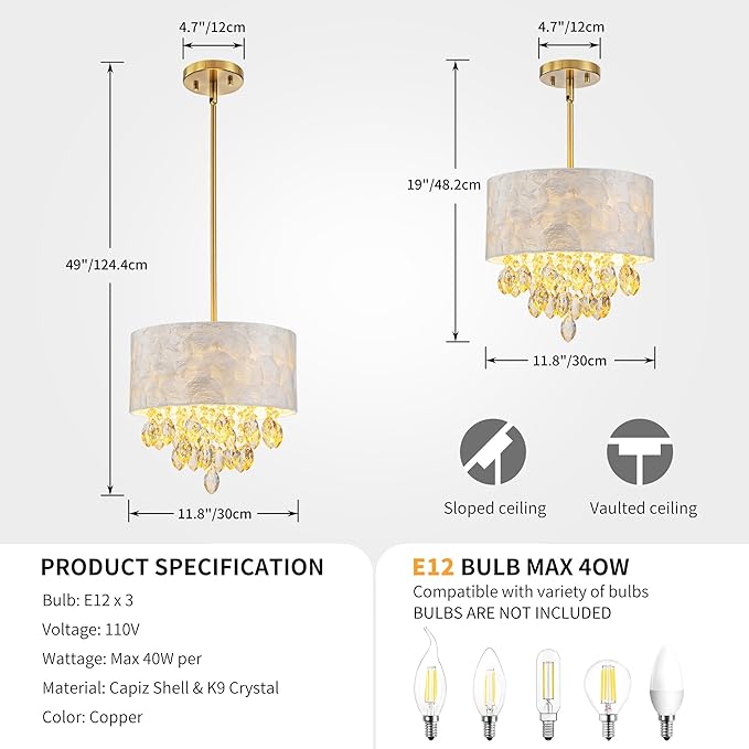 3-Light Drum Capiz Shell K9 Crystal Chandelier, Coastal Style Pendant Light Fixture for Dining Room, Living Room, D12 * H19~49 inch (Adjustable), Champagne Crystal & Gold Finish