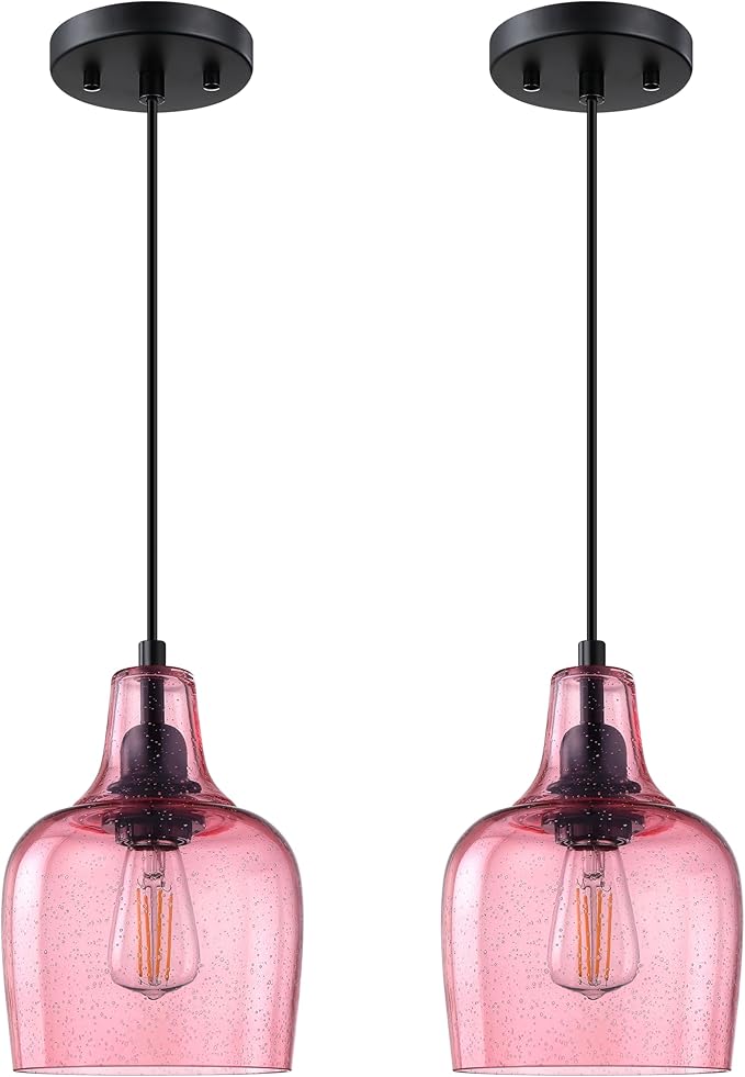 2 Pack 1 Light Hanging Indoor Kitchen Island Pendant Light 6.1" Seeded Pink Glass Pendant Ceiling Light Fixtures Black Finish Modern Farmhouse Dinning Over Sink