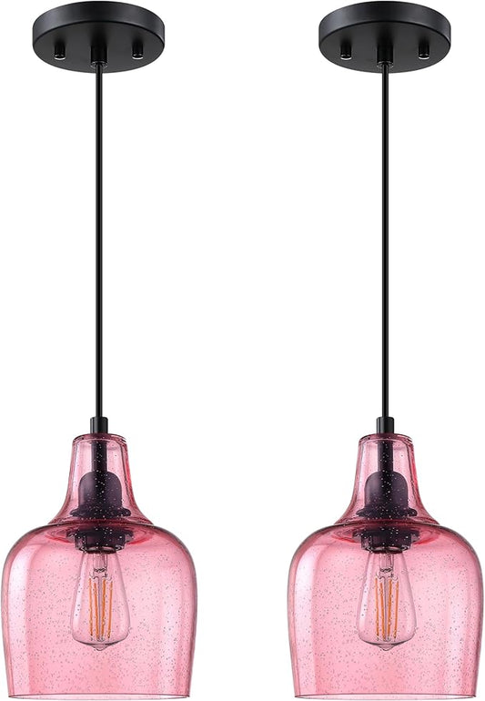 2 Pack 1 Light Hanging Indoor Kitchen Island Pendant Light 6.1" Seeded Pink Glass Pendant Ceiling Light Fixtures Black Finish Modern Farmhouse Dinning Over Sink