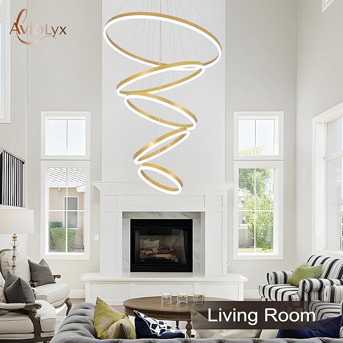5 Rings Modern LED Chandelier Gold Large High Ceiling Chandeliers with Remote Control Contemporary Pendant Light Dimmable for Staircase Entryway Living Room Foyer Villa(3000K-6500K D31.5)