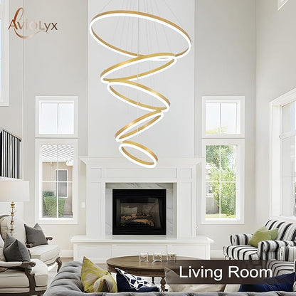 5 Rings Modern LED Chandelier Gold Large High Ceiling Chandeliers with Remote Control Contemporary Pendant Light Dimmable for Staircase Entryway Living Room Foyer Villa(3000K-6500K D31.5)