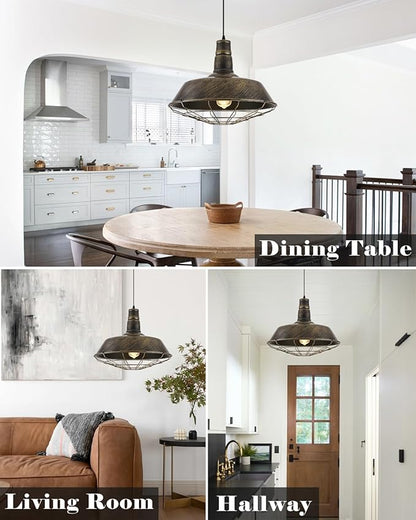 Brass Industrial Pendant Lights 2 Packs, 18.1 Inch Oversized Farmhouse Vintage Pendant Light, Black and Brass Barn Pendant Light with Wire Cage, Island Pendant Lights for Kitchen Warehouse
