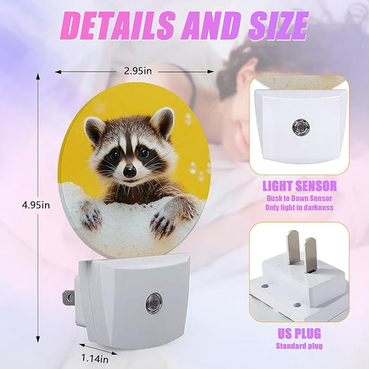 Cute Raccoon Night Light Animal Night Lights LED Lamp Round Plug into Wall Nightlight with Dusk to Dawn Sensor Home Hallway Stairway Kitchen Decor
