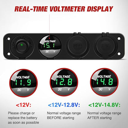 Nilight 4 in 1 ON Off Charger Panel Dual USB Power Outlet Green LED Voltmeter and Cigarette Lighter Outlet LED Lighted On-Off Rocker Toggle Switch for Truck Car Marine Boats RV