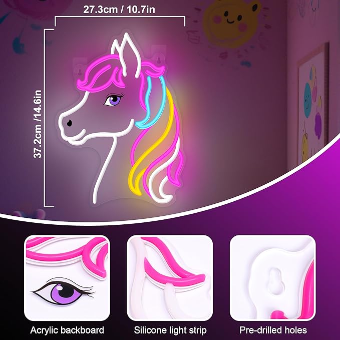 OkiyiD Dreamy Horse Neon Sign, Aesthetic Wall Decor for Girls Bedroom, Living Room, Vanity, USB Powered LED Light with Hanging Kit, Unique Magical Gift for Her