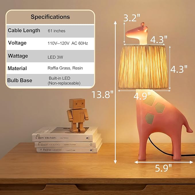 13.7 Inch LED Giraffe Table Lamp, Resin Animal Desk Lamp with Handcrafted Raffia Shade, Unique Decorative Light, Cute Desk Lamps for Nightstand, Bedroom, Playroom, Nursery, Pink