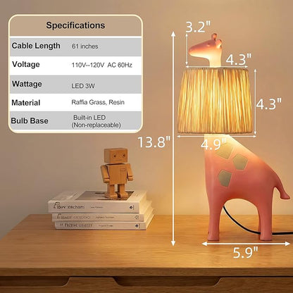 13.7 Inch LED Giraffe Table Lamp, Resin Animal Desk Lamp with Handcrafted Raffia Shade, Unique Decorative Light, Cute Desk Lamps for Nightstand, Bedroom, Playroom, Nursery, Pink
