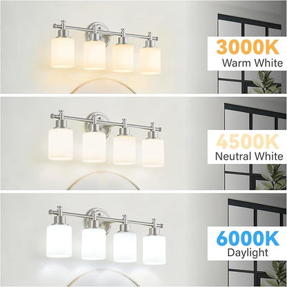4-Light Bathroom Vanity Light, Brushed Nickel Vanity Light Fixture with White Frosted Glass Shades, Modern Anti-Rust Wall Sconce Over Mirror, Bathroom, Hallway (Bulbs Not Included, E26 Base)