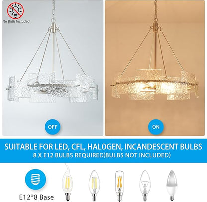 XINGQI 26" Large 8-Light Modern Silver Glass Chandelier Drum Light Fixture Round Water Ripple Pendant Lighting for Dining Room Living Room Kitchen Island Office