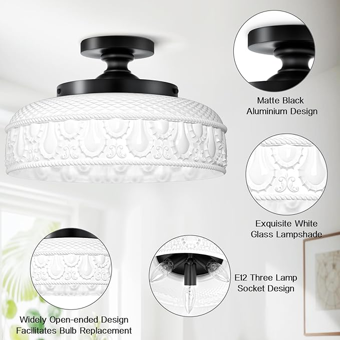 Lamomo Semi Flush Mount Ceiling Light,12 Inch White Glass Shade Black Hallway Light Fixture,3 Light Globe Glass Close to Ceiling Scone,Indoor Hanging Light for Bedroom Kitchen Porch Hallway