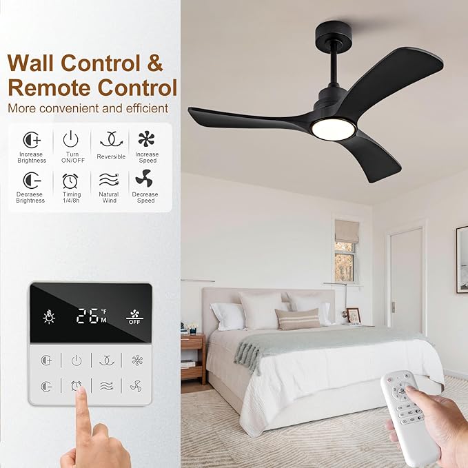 Black Ceiling Fan with Light,42 inch Solid Wood Ceiling Fan,Remote Control,Wall Switch,Dimmable,Reversible Quiet DC Motor,Power Off Memory Modern Ceiling Fans for Bedroom Patio Indoor/Outdoor
