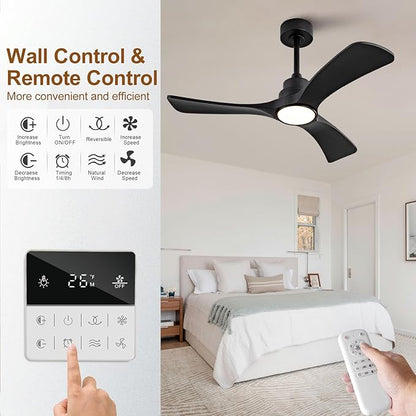 Black Ceiling Fan with Light,42 inch Solid Wood Ceiling Fan,Remote Control,Wall Switch,Dimmable,Reversible Quiet DC Motor,Power Off Memory Modern Ceiling Fans for Bedroom Patio Indoor/Outdoor