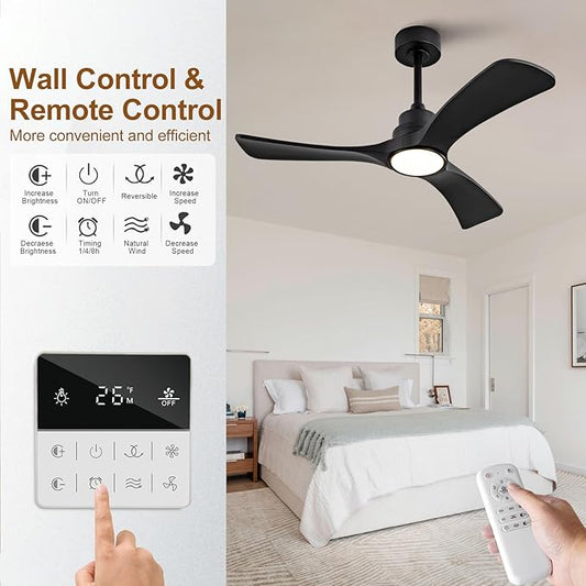 Black Ceiling Fan with Light,42 inch Solid Wood Ceiling Fan,Remote Control,Wall Switch,Dimmable,Reversible Quiet DC Motor,Power Off Memory Modern Ceiling Fans for Bedroom Patio Indoor/Outdoor