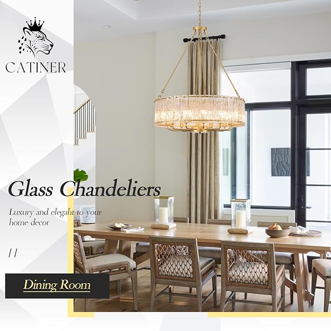 CATINER 30" Modern Gold Drum Chandelier Luxury Crystal Glass Chandeliers 12 Lights Ceiling Pendant Lighting Fixture for Living Room Dining Room Foyer Bedroom