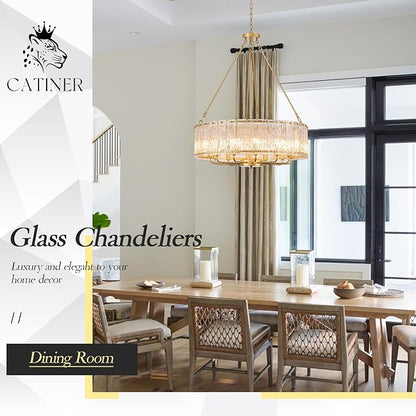 CATINER 30" Modern Gold Drum Chandelier Luxury Crystal Glass Chandeliers 12 Lights Ceiling Pendant Lighting Fixture for Living Room Dining Room Foyer Bedroom