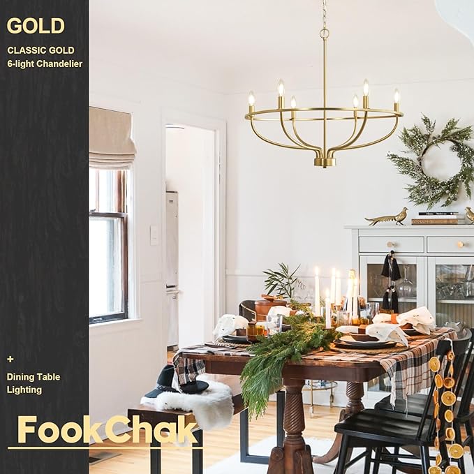 Gold Chandelier, 6 Light Gold Chandelier Light Fixture for Dining Room Chandelier Candle Lighting for Entryway Kitchen Bedroom Living Room 29in Mid Century Chandeliers