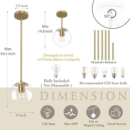 Bagood 8" Globe Pendant Light Gold Mid Century Modern Light Fixture Clear Glass Pendant Lights Kitchen Island Modern Pendant Lights Brushed Brass Finished with Clear Glass Lampshade for Bedroom