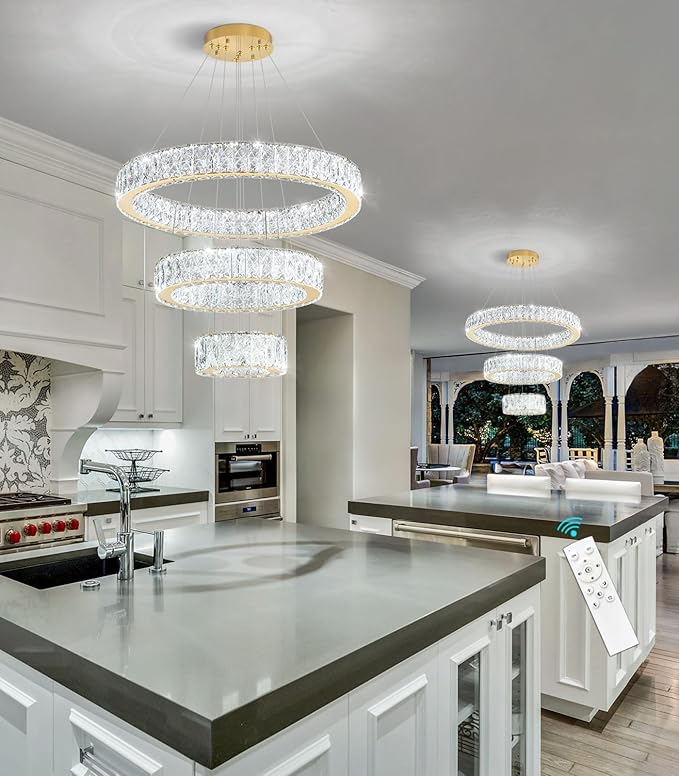Modern Crystal Chandelier 36W Dimmable LED Ceiling Light Fixture with Remote Luxury Adjustable Pendant Light for Living Room Dining Room Gold