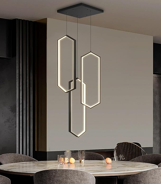 3-Rings Dimmable Pendant Lighting Adjust LED Chandelier Ceiling Light Fixtures for Kitchen Island Dining Room Living Room Bedroom Black