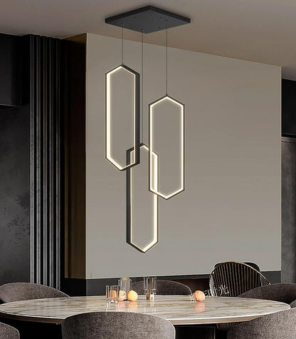 3-Rings Dimmable Pendant Lighting Adjust LED Chandelier Ceiling Light Fixtures for Kitchen Island Dining Room Living Room Bedroom Black