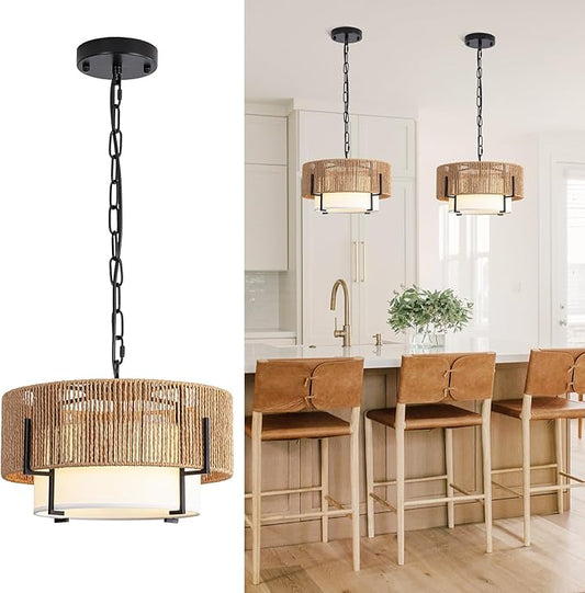 12.6" Rattan Pendant Light, Boho Chandelier Light Fixture with Fabric Shade, Farmhouse Rattan Hanging Ceiling Lighting Fixture for Dining Room, Living Room, Kitchen Island, Bedroom, Hallway, Foyer