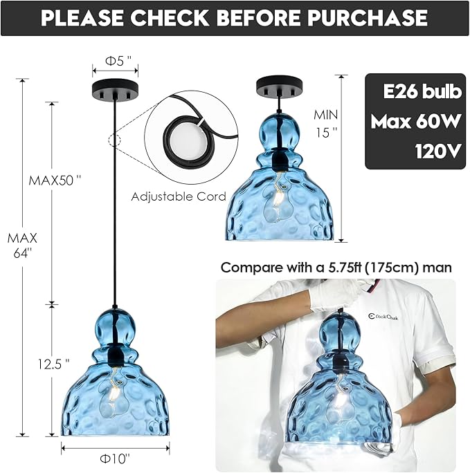 Coastal Pendant Light Blue Hammered Glass Kitchen Island Lights 12in Large Pendant Hanging Light for Dining Room Kitchen Sink Hallway Entrance, E26
