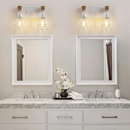 Farmhouse Vanity Light for Bathroom, 2-Light White Wood Bathroom Vanity Light Fixtures Over Mirror, Rustic Sconces Wall Lighting with Metal Lampshade for Living Room, Bedroom, Hallway