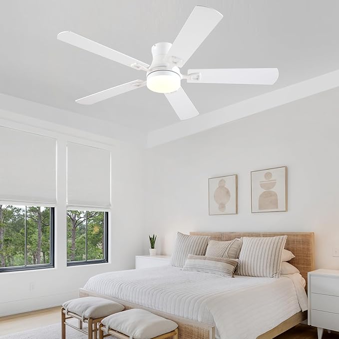 KNUN Ceiling Fans with Lights,52 Inch Low Profile Ceiling Fan with Light and Remote Control,Flush Mount,6 Speeds DC Reversible Motor, 3CCT Dimmable, Noiseless White Ceiling Fan for Living Room,Patio