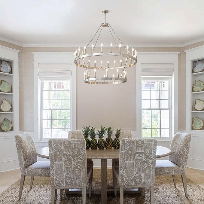 HHR 2 Tier Wagon Wheel Chandelier 36-Light 48 Inch, Extra Large Nickel Round Rustic Candle Farmhouse Pendant Light Fixture for High Ceilings, Dining Room Living Room Office E12