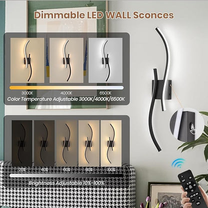 CANEOE Battery Operated Wall Sconces with Remote Control,10000mAh USB Rechargeable Black Wall Light,3000K-6000K LED Wireless Wall Lamp for Bedroom,Hallway,Background Wall,31.5inch,1 Pack