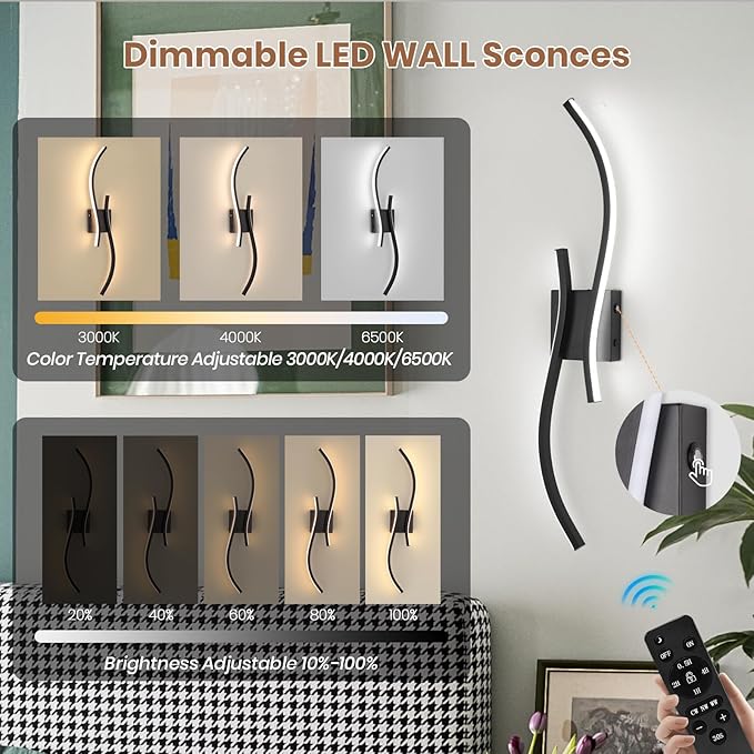 Battery Operated Wall Sconces Set of 2, Dimmable Rechargeable Battery Wall Light with Remote Control, 3000K-6500K LED Black Wireless Wall Sconce for Living Room Bedroom Hallway, 31.5inch (Black)