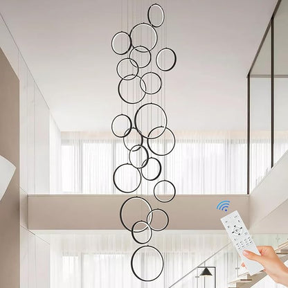 20 Rings Modern LED Chandelier for High Ceiling Dimmable Black Contemporary Foyer Long Chandelier for Entryway, Long Pendant Light Fixture Staircase Dining Living Room, 3000-6500K