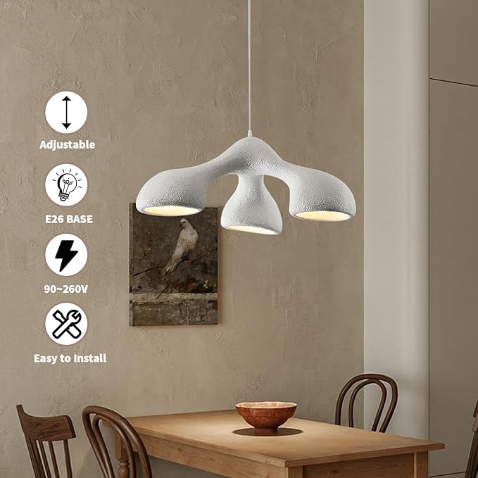 JAYMP 3-Lights Pendant Light Fixture for Dining Room Kitchen Island Restaurant Farmhouse E26 Base Modern Hanging Lamp 1 Pack (Matte White,E Shape, 72cm/28.3in)