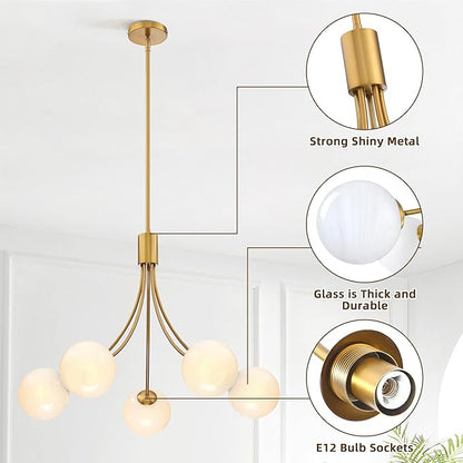 Bubble Chandelier, Modern Sputnik Dining Room 5-Light Chandelier with Gold Finish and Glass Globes for Kitchen Bedroom Foyer and Living Room